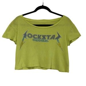 Rockstar Original Wonens Lime Green Crop Top Size Medium Rhinestone Shirt